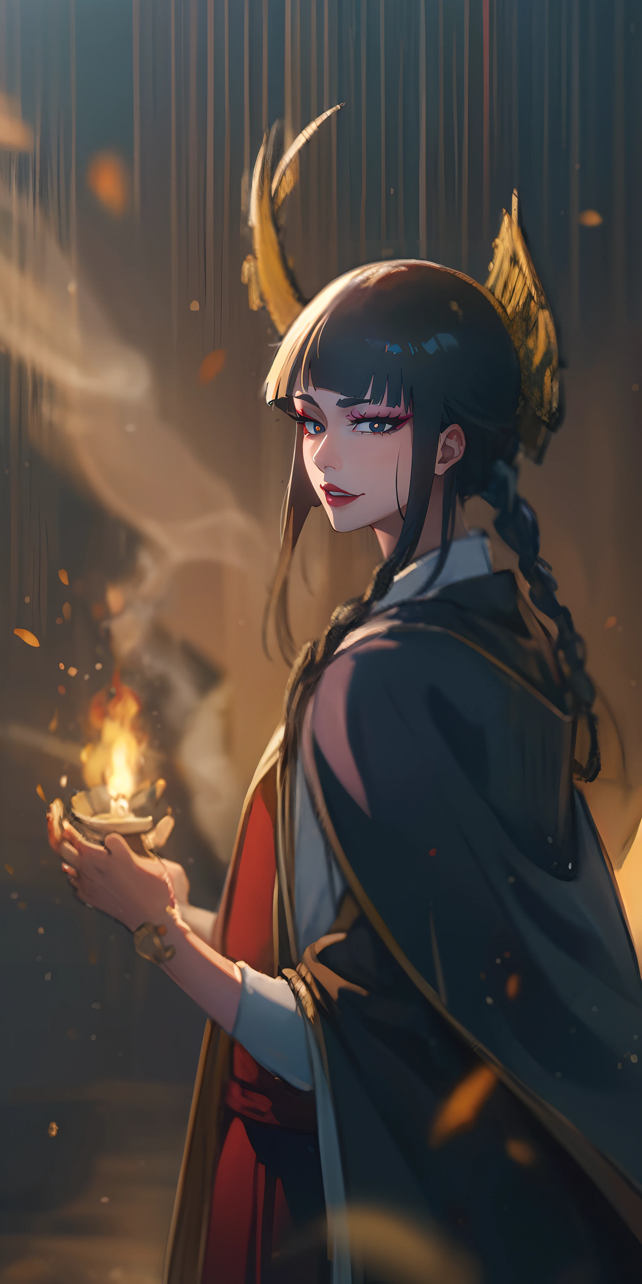 senjumaru shutara, (long hair, bangs, blunt bangs, black hair, sidelocks:1.5), (black eyes:1.5), makeup, lipstick, red lipstick, sweating, glowing eyes, heavy breathing, female focus, braid, 1girl, breasts, solo, fire, looking_at_viewer, large_breasts,  single_braid, candle, cape, dress, cleavage, indoors, circlet, light_particles, cloak, "Photorealistic, Hyperrealistic, Hyperdetailed, analog style, soft lighting, subsurface scattering, realistic, heavy shadow, masterpiece, best quality, ultra realistic, 8k, golden ratio, Intricate, High Detail, film photography, soft focus", anime coloring, anime screencap, sweating, steaming body, fog