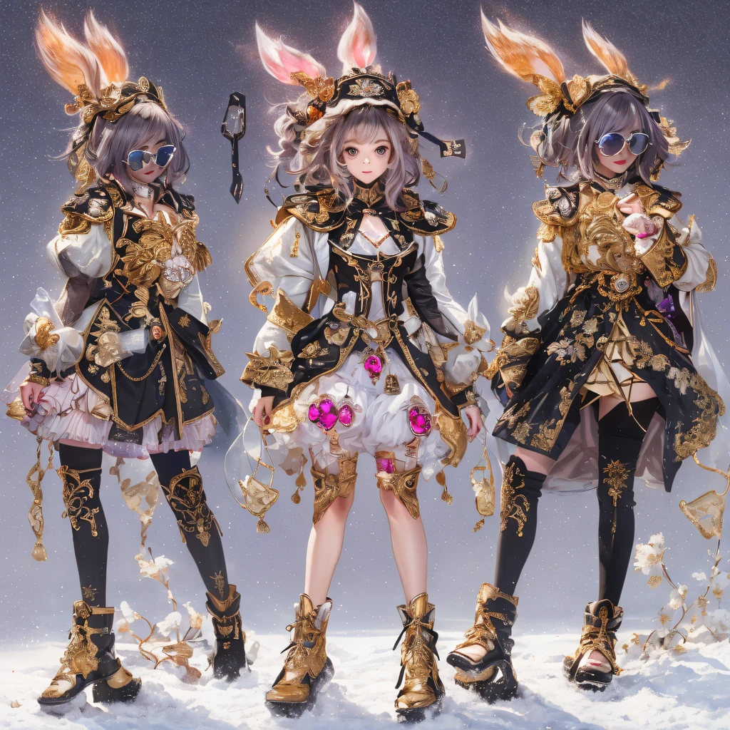 Three anime girls dressed in costumes and hats standing in the snow -  SeaArt AI