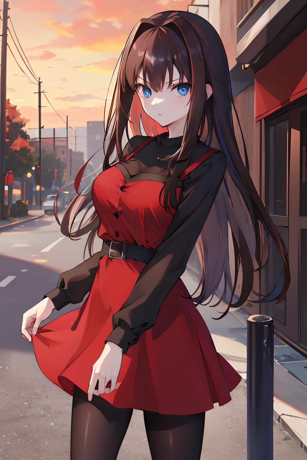 masutepiece, Best Quality, hight resolution, nffsw, Long hair, Brown hair, Black shirt, Red dress, Long sleeves, Black pantyhose, Cowboy Shot, Standing, Street, Looking at Viewer, Sunset､Blue eyes､Breast C cup