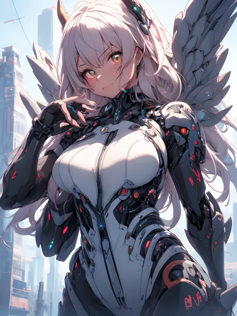 anime character with wings and glowing eyes in a city, cyberpunk anime girl mech, digital cyberpunk anime art, anime cyberpunk a...