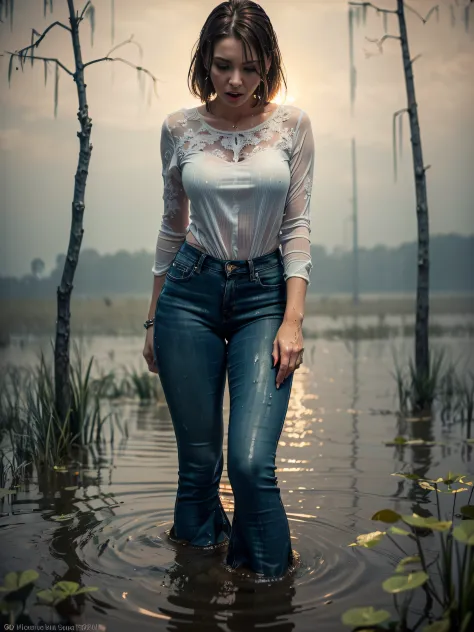(Wide flares on jeans:1.2), (wet clothing, Clothes stick to the body), (Best Quality,hight resolution,bokeh:1.2),The woman,Prono...
