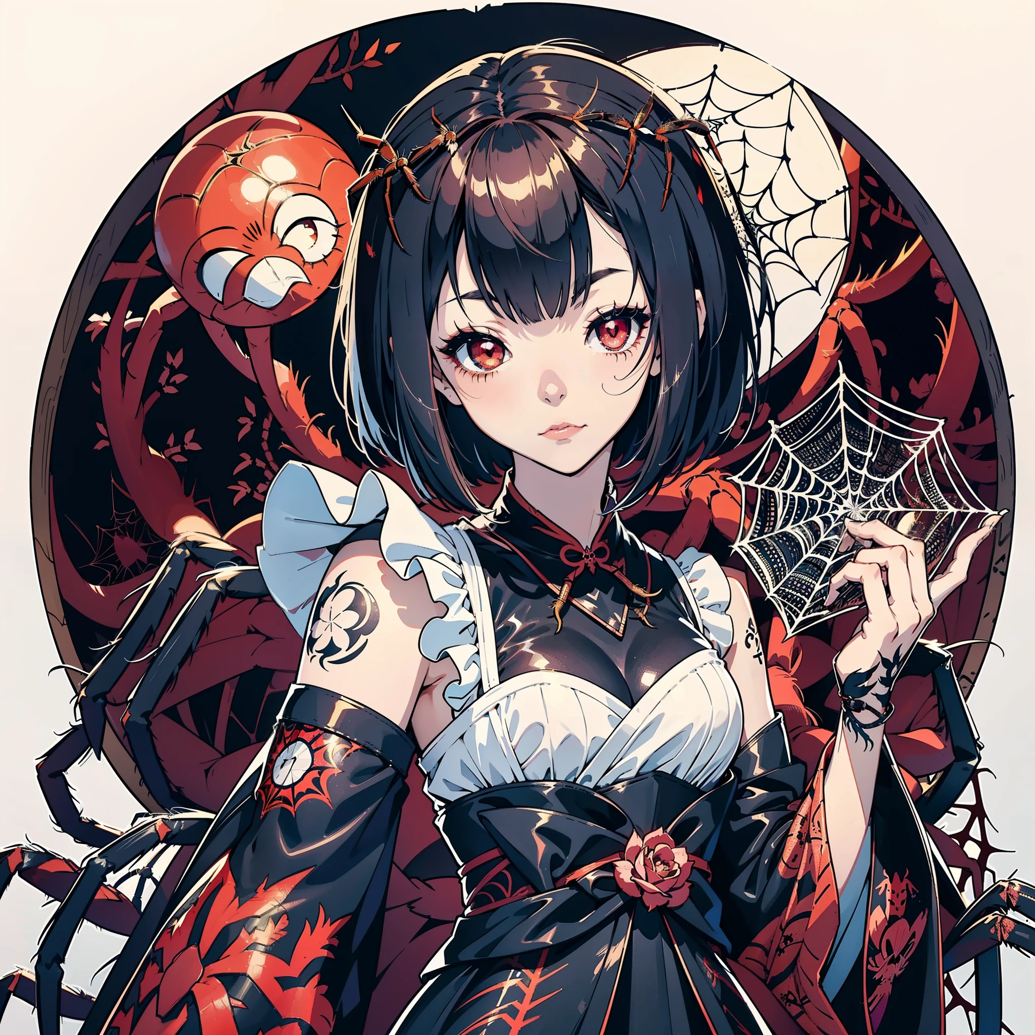 Beautiful girl fused with a spider. Girl in Japanese style maid costume. ((Female Solo. 1.1)) . hiquality. Dark fantasy style illustration. she has short hair. ratex. Shining eyes. Spider legs extending from behind her. tarantula. Embroidery with a spider web pattern. Spider web tattoo. monstergirl. Dark indoor. Wooden house.