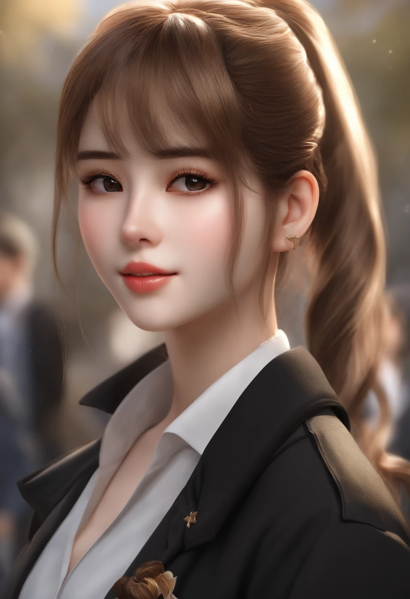 ( best quality,4k,8k,highres,masterpiece:1.2),ultra-detailed,(realistic,photorealistic,photo-realistic:1.37), ponytail brown hair, 2010s anime, school uniform, oversize black sweater, c cup, beautiful detailed eyes, beautiful detailed lips, extremely detailed face, long eyelashes, portraits, vivid colors, soft and warm color palette, natural lighting