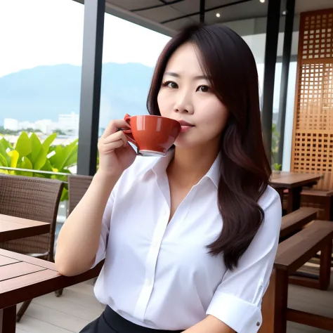 Thai office lady 30-year-old, fair skinned, drinking coffee solo,Women,(Look  away.) - SeaArt AI