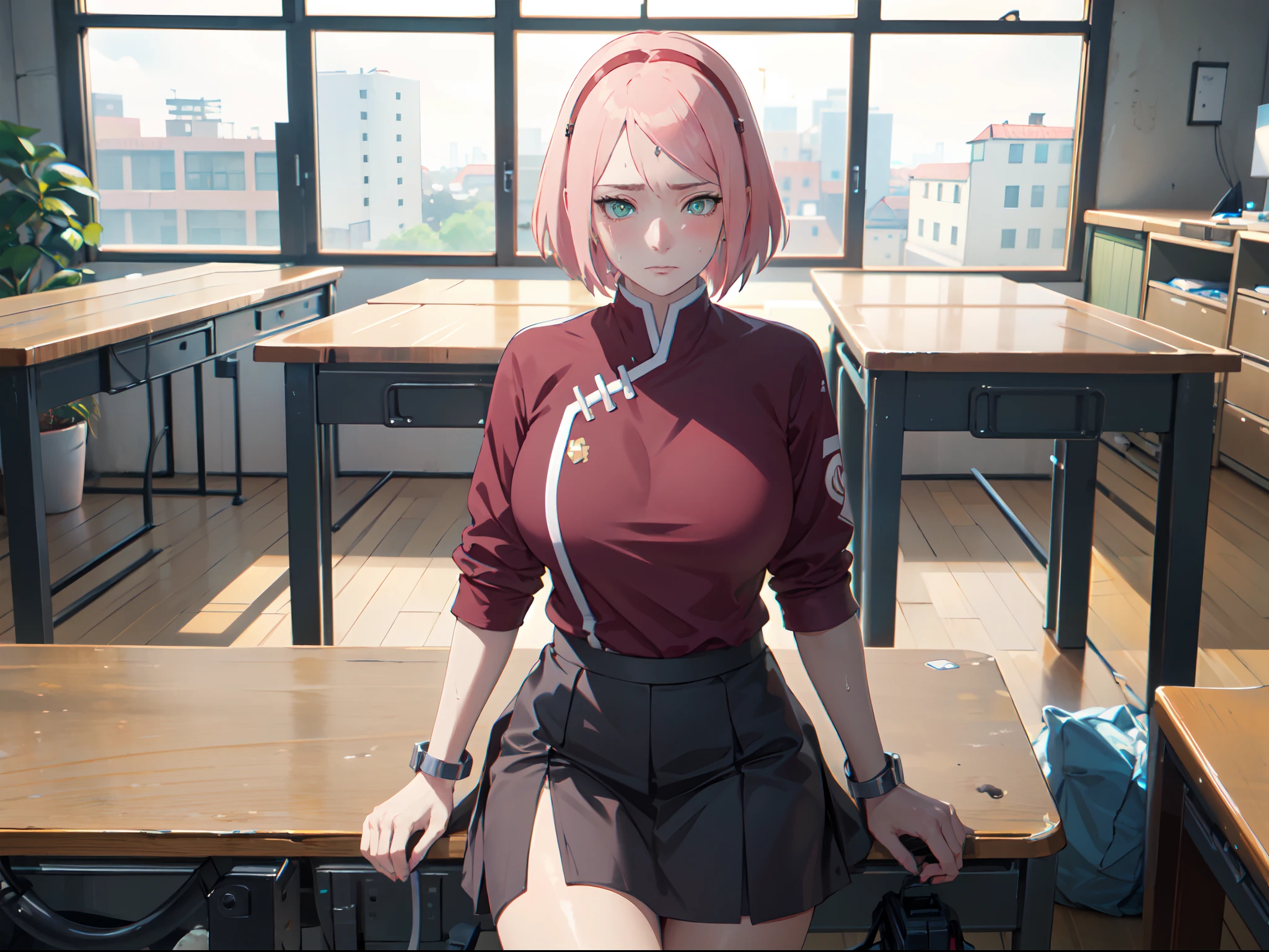 Masterpiece, absurderes , (Intricate details), (Colorful),Cinematic lighting,Bust Up Shot,Extremely detailed Cg Unity 8K wallpaper, Mature female,Wearing a white student uniform，Wear a school skirt，sitting in classroom，sitting on office chair，Looking at the phone，Look to the lens，thick thight, （perspire，Sweat a lot，Blushlush，Be red in the face，I had a lot of sweat on my face，Blushlush），（Bigboobs，Enchanting pose，A sexy pose），trending on pixiv, very hot colors, Best quality, Anime style: 1.9, 1girll, hires, Sakura Haruno,