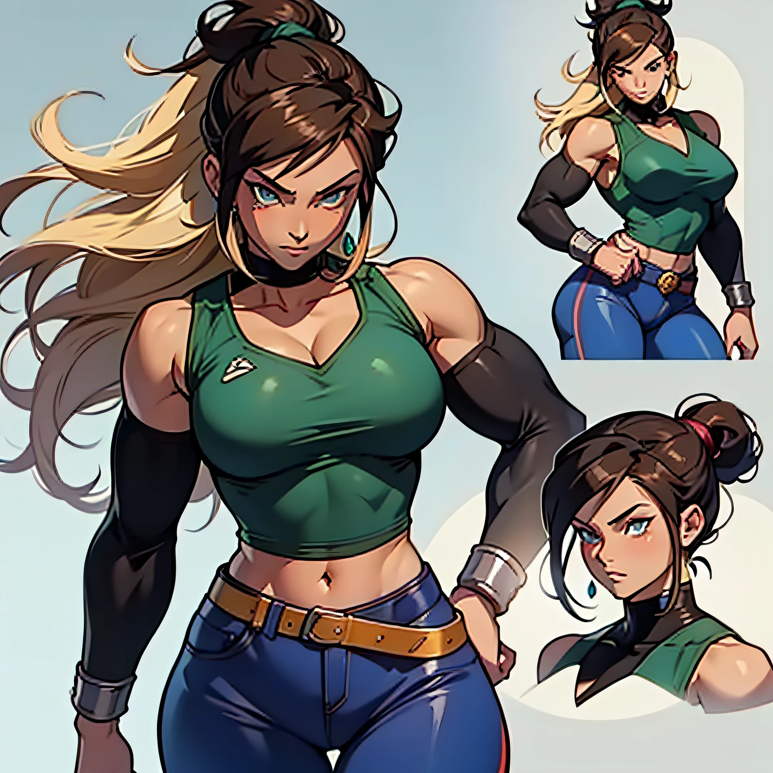 Create a striking character concept art of a muscular female Saiyan, drawing inspiration from the design elements of Korra in "The Legend of Korra." In this Saiyan style rendition, she is adorned in a blue shirt, blue pants with a white top, and possesses intense blue eyes. Her defining feature is her uncut, flowing blonde hair that symbolizes both her beauty and strength.

Immerse this character in the epic and iconic style of 80s anime, capturing the essence of the best anime character designs. Depict her in a powerful and badass pose, radiating determination and elegance. The artwork should be a full-body representation, rendered in UHD with incredible attention to anatomical correctness and intricate detailing, ensuring its suitability for 4K, 8K, or even 16K resolution.

This character concept is a fusion of Saiyan and Korra aesthetics, exuding unparalleled power and style.