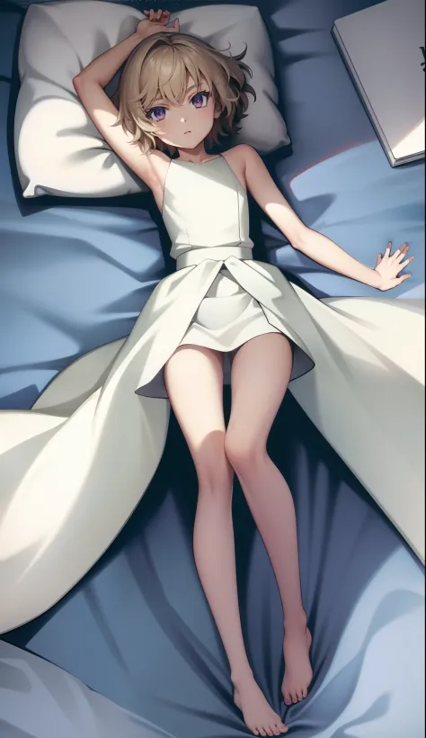 dakimakura,nsfw,nude,extra limbs,supright straddle,arms up,look at viewer、Full body, Beautiful detailed girl,Short hair,lie on bed,