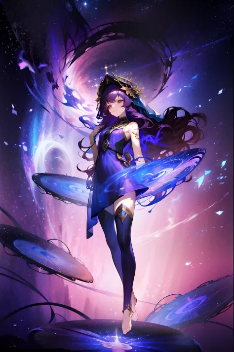 Masterpiece, dreamlike art, 8k, best quality, 1 girl, solo, veil, goddess of the void, celestial body, sparkling violet hair, da...