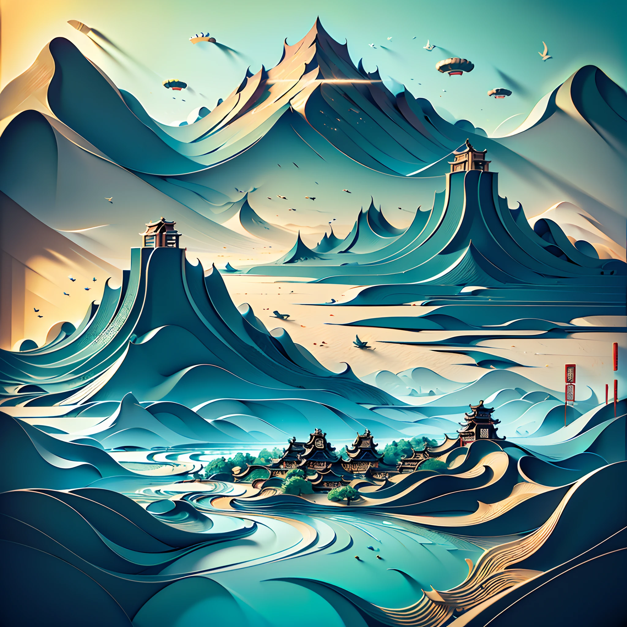 (Ancient Chinese landscapes:1.4)，(illustration:1.3，paper art:1.3, Quilted paper art:1.2),( reasonable design, Clear lines,Best quality, Masterpiece, movie light effect, 4K )