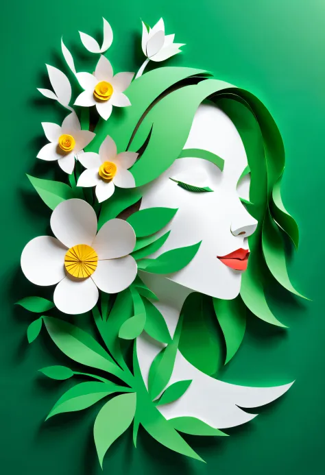 paper_cut，(illustration: 1.3), paper art, 3D rendering of, Green background, (Beautiful side face, Closed eyes: 1.3), (flor bran...