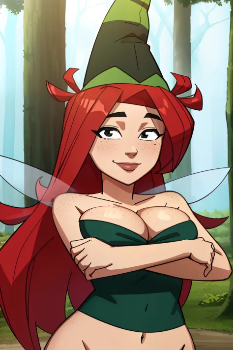 Invincible, masterpiece, best quality, 1girl, solo, betilla,fairy, black eyes, red hair, long hair, freckles, large breast, cleavage, green dress, green hat, wings, smile, thin straps,masterpiece, best quality:1.2), upper body, 1girl, masterpiece, best qua...
