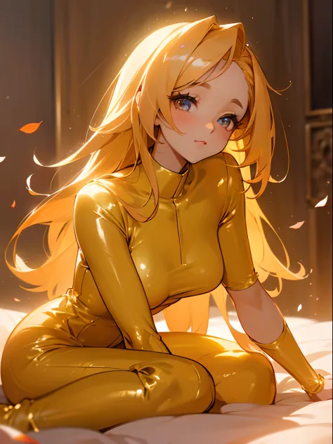 An anime lady, pretty face, glittery hair, shining eyes, wearing a honey-colored jumpsuit, (juicy and glittery), sensual but not too sexy, half body shot, in a cozy room, (cozy decorations), warm sunlight, rose petals everywhere, (ethereal, soft, cozy vibe...