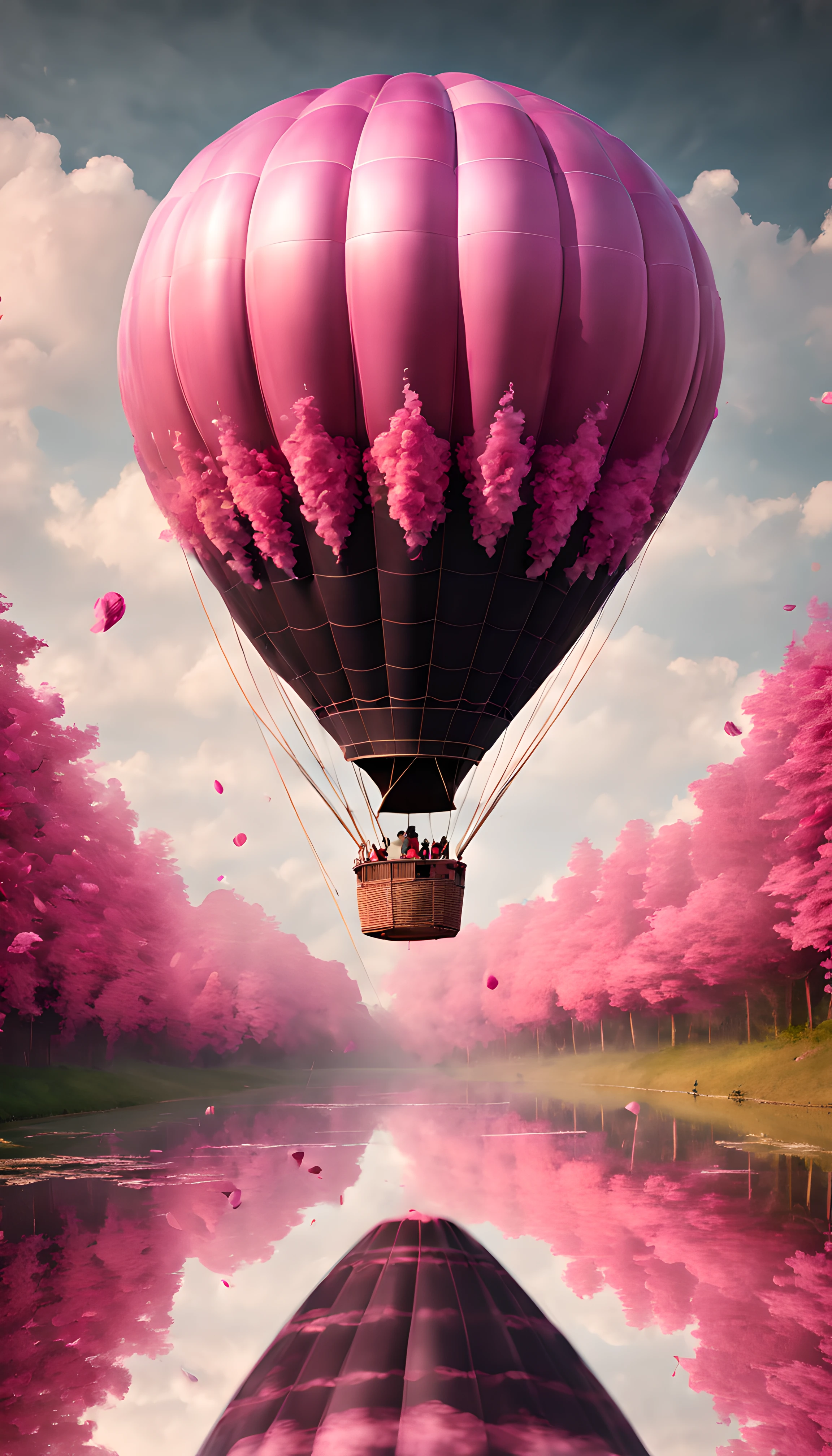 masterpiece, best quality, (epic, absurd, elegant) mirror reflection of a big (gothic) hot air balloon, (falling romantic flows of pink petals), summer, volumetric lighting