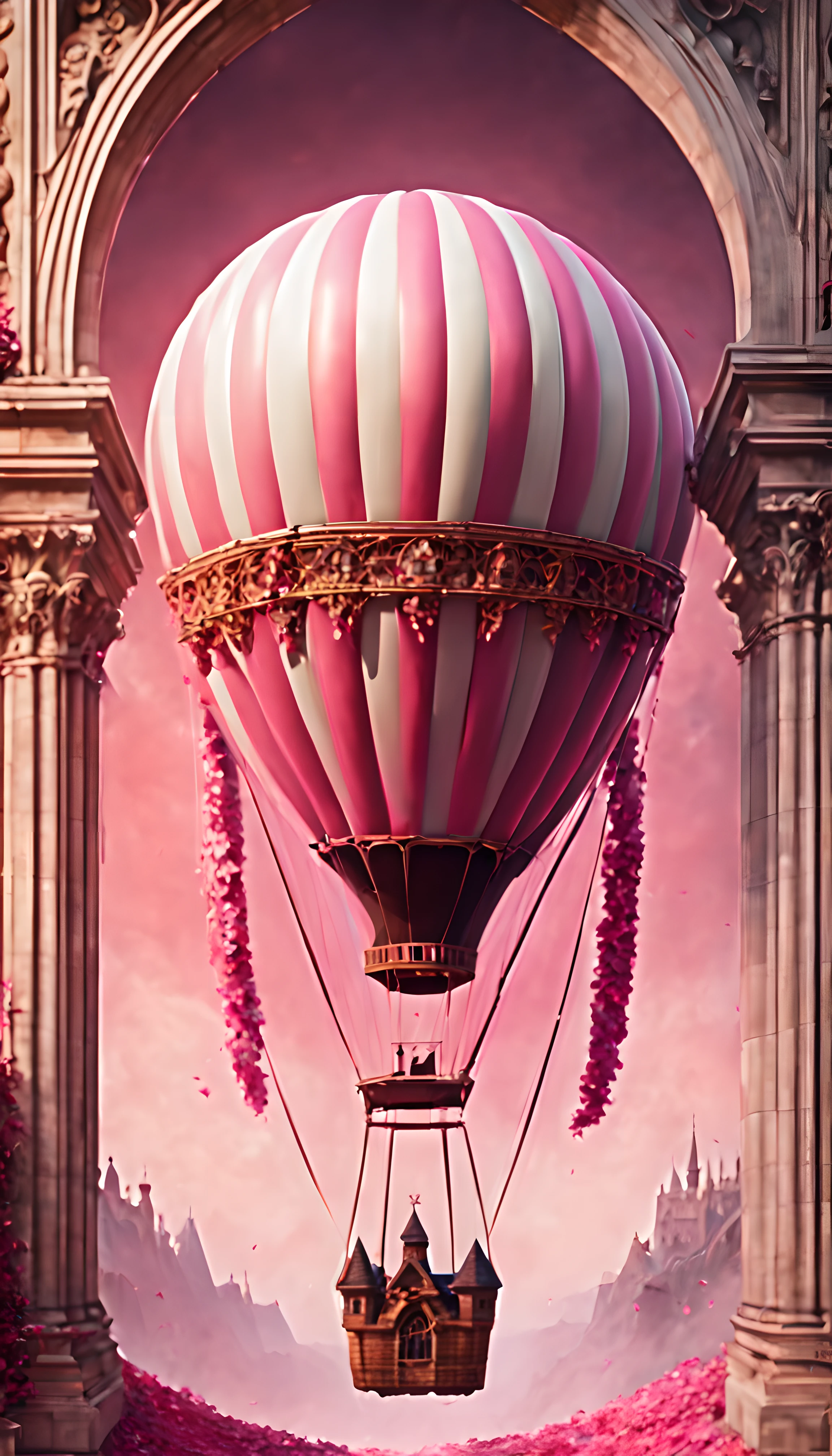 masterpiece, best quality, (epic, absurd, elegant) (big hot air balloon inside an elegant gothic arc:1.3), (falling romantic flows of pink petals), summer, volumetric lighting