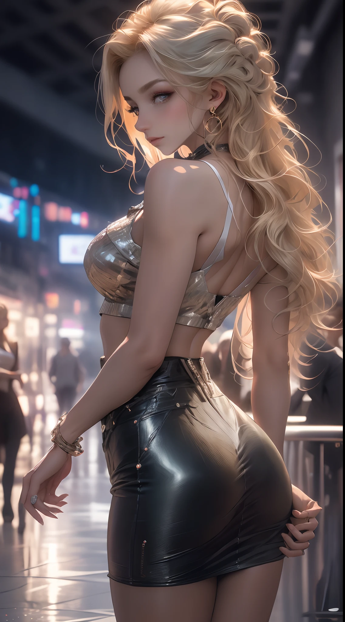 Side profile,masterpiece, top quality, 8K, real person, realistic, very dense CG, shiny skin, fully focused, radiant, Side profile of a beautiful British blonde girl, wearing a loose top, stylish design, mesmerizing look,bold and majestic look, Background England, beautiful and elegant lady