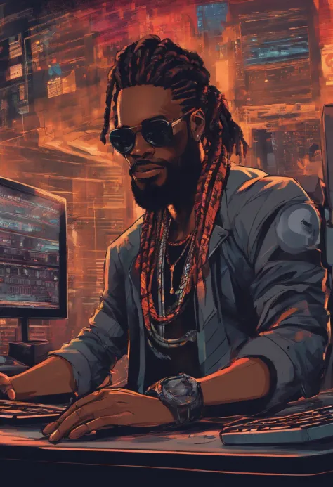 Black man with sunglasses, an earring, long braids, and a stubble beard. Dressed in rock and roll style. Using a cellphone next to computer screens with hacker imagery. Lots of technology in the background.