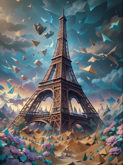 ((best quality)) , ((masterpiece)) , (detailed) ,darkwave art landscape [epic:make believe:5] (the eiffel tower:1.3),(origami ar...