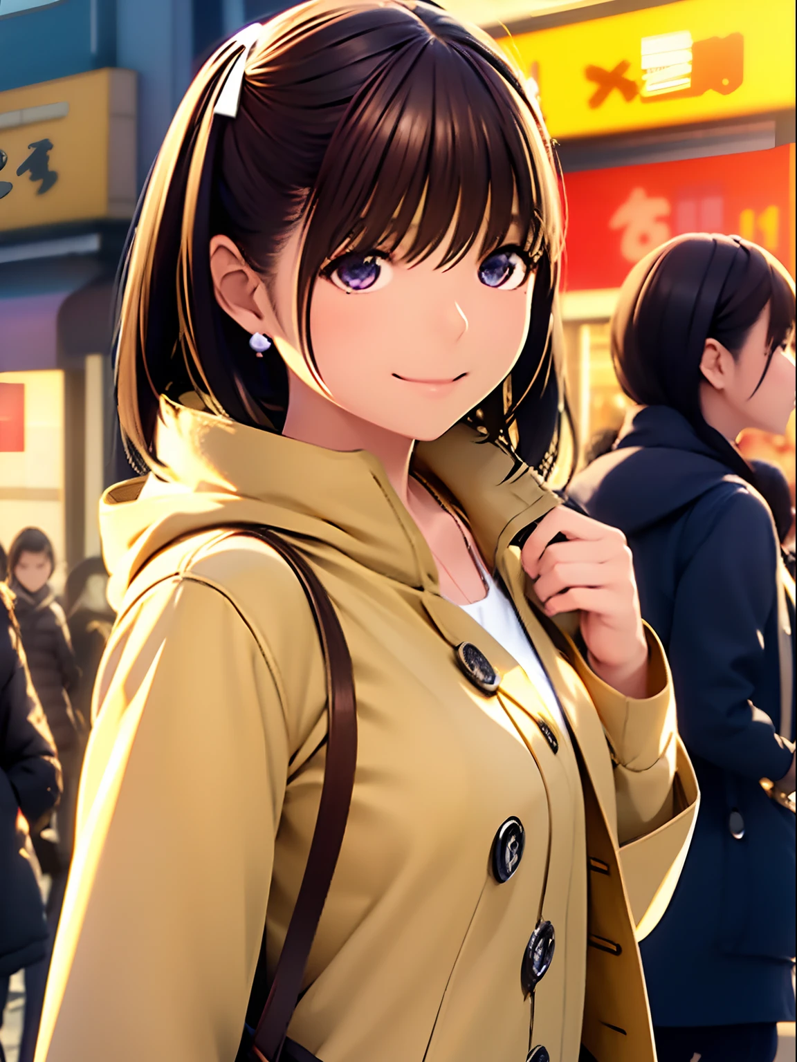 hight resolution,8K,Best Quality,detaileds,semi - realistic anime,Anime 3D Style,Smooth Anime CG,1 girl in,20 year old woman in Japan,slim,modeled,shiny chestnut hair,Medium Hair,Detailed face,Beautiful and detailed eyes,Glowing skin,(parka,layered clothes),earring beautiful,a necklace,autumnal,tag, with light glowing, plein air, (a street:0.8), (a person, Large crowds:1),Beautiful details sky, (dynamicposes:0.8),Hard Focus、film grains,Soft lighting,the wind,looking at the viewers,A smile,Angle from the side