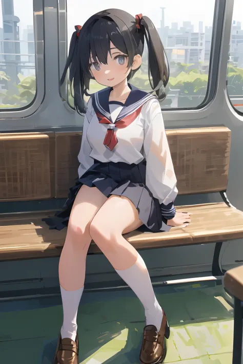 Trapped girl、A picture、tmasterpiece、top-quality、(1 Girl's black eyes and black hair)、Cute little girl s, A woman with a neat and calm face、（ 15yo student,）、A miniskirt、Neat sailor suit、White high socks、Loafer shoes、(mini skirt swinging sexy round:  1.3)、we...