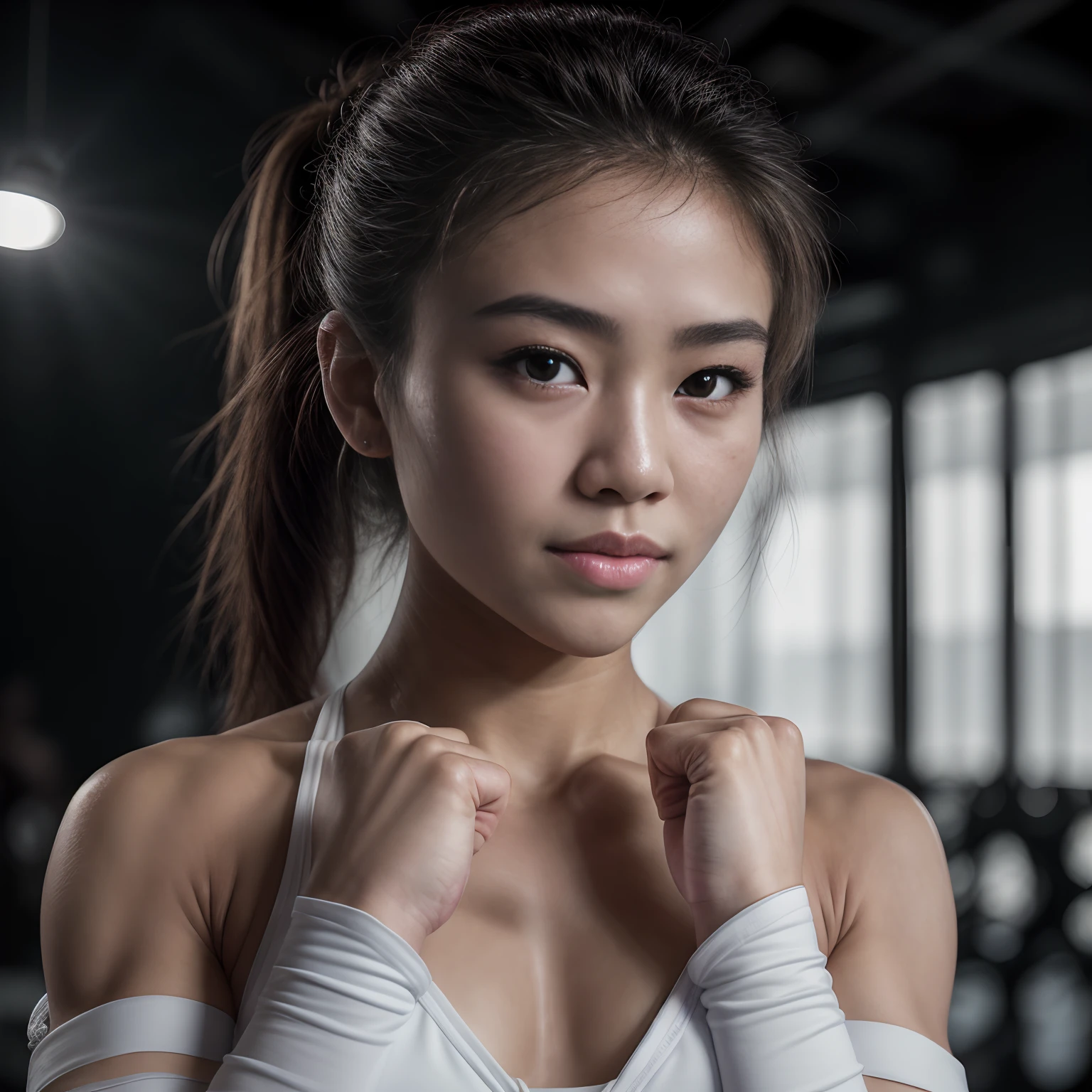 (editorial photograph of an 18 year old Thailand woman), (skimpy white cotton bikini, MMA gloves), (highly detailed face:1.4), (muscles:1.4), (MMA pose:1.2), (background inside light, bright, private gym:1.1), (8k, uhd, dslr, high quality, cinematic lighting, bokeh), (dramatic, award winning photography, incredible masterpiece:1.3), add_detail:1, ((focus on crotch))