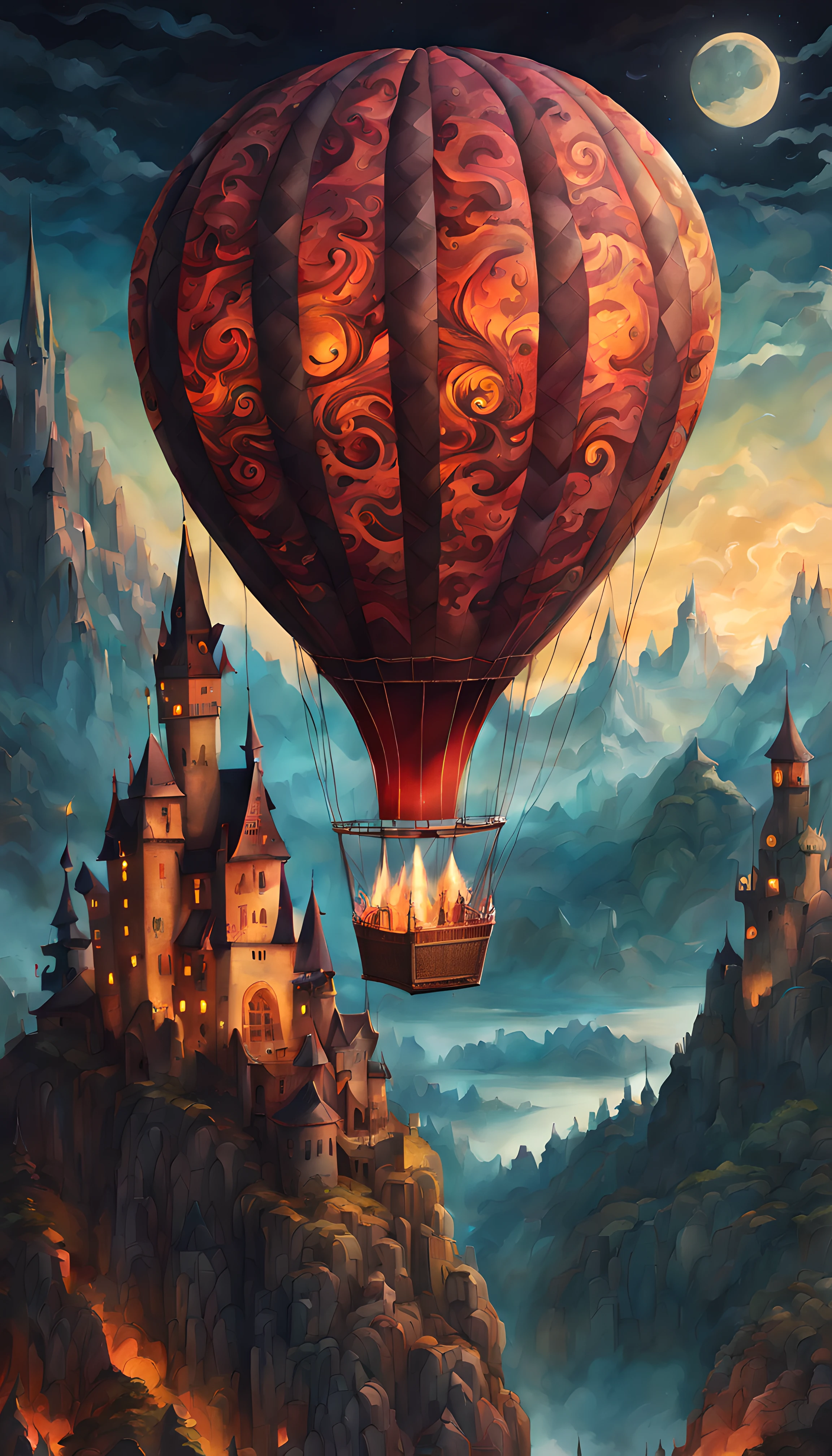 (史诗般的纸画) 的一個 (大的) 熱氣球 (上面有传说中的龙纹:1.3), 浪漫的魔幻流动, 星光燦爛的月夜, 哥特式城堡, 山脉, 體積照明