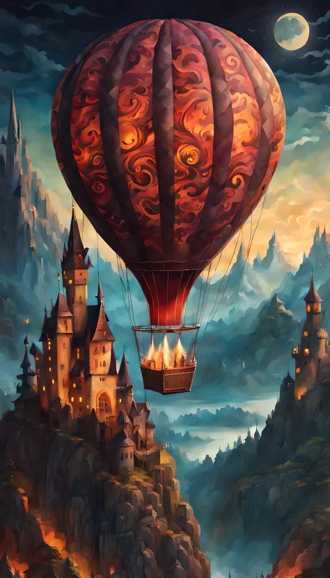 (epic paper drawing) of a (big) hot air balloon (with a legendary draconic print on it:1.3), romantic magical flows, starry moon...