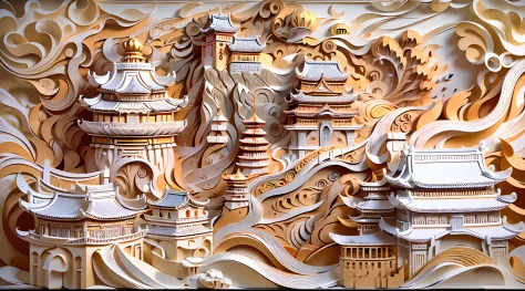 Complex illustration in paper cut art style，Great Wall of China，Rendered in 3D，And draw inspiration from postmodern art, As a play by the Guggenheim,best qualtiy，realisticlying，realisticlying，super-fine，highly elaborate carvings on ,