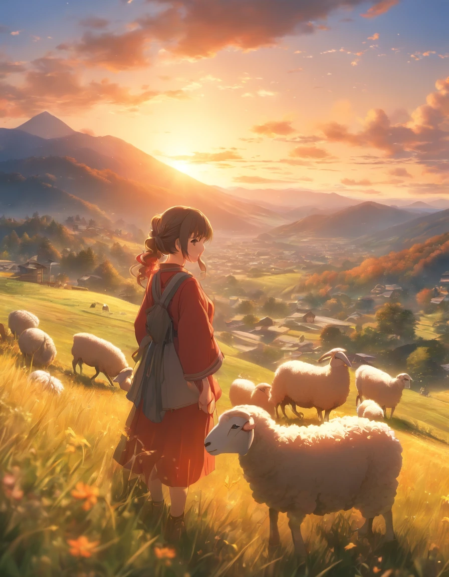 Anime girl with backpack looking at sheep in a field - SeaArt AI