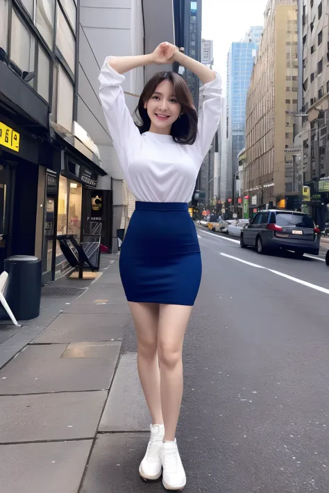 Short sleeve、Skirt lift、Show off panties、Panties under pantyhose、Shiny  tight skirt、Turn up your skirt、Long body、A slender、Inside the city、adult  woman、adult lady、skin-tight、Show your pants - SeaArt AI