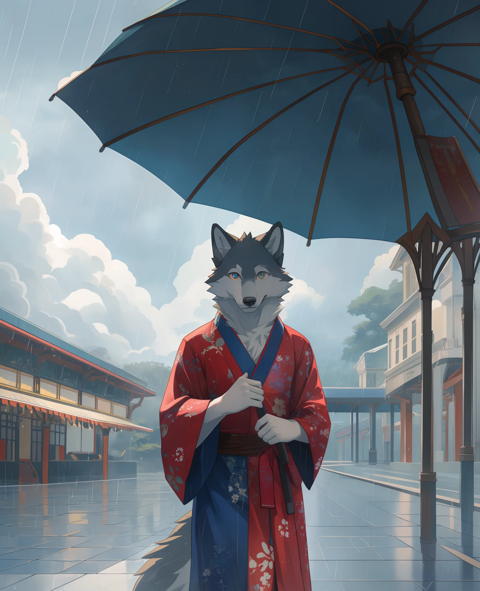 (best quality, highres, masterpiece:1.2), detailed anatomy, furry, kimono, solo piece, male, anthropology, wolf, white fur, loose clothing, gentle, bright eyes, intricate eyes, holding an umbrella, train station, water, blue sky, raining, rainbow