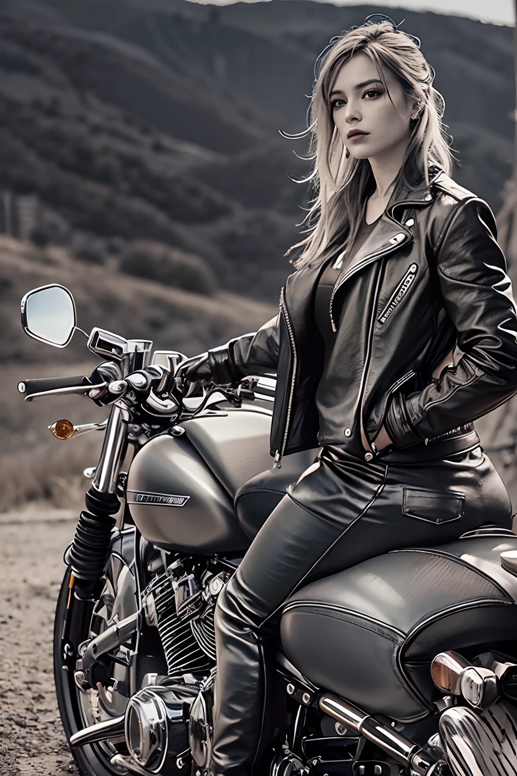 Araped woman standing next to a motorcycle on a hill, Photo of a female biker, Harley-Davidson Motorcycle, motorcycle, motorcycle, Harley-Davidson, B&W Photo, Motorcycle rider, Harley Quinn, Sitting on a motorcycle, motorcycle, Riding a motorcycle, biker, Bad look, chrome motorcycle parts, Art,Ultra8K