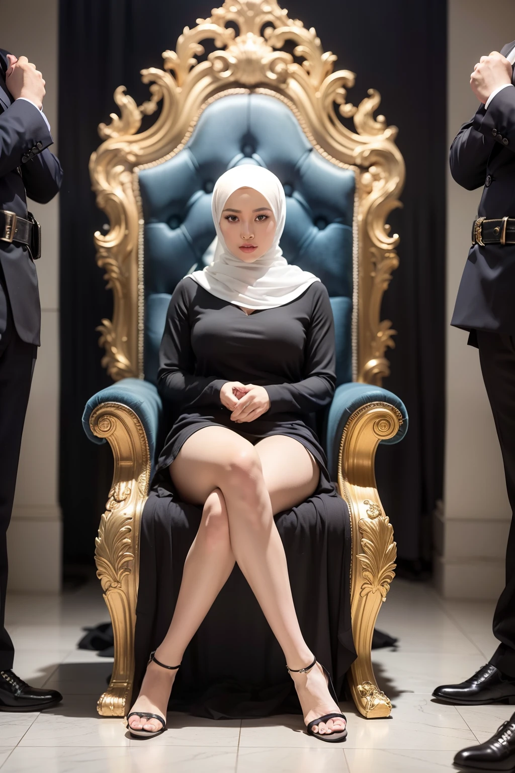 Composez un, Cinematic photograph featuring a beautiful Malay woman wearing a hijab and wearing a summer outfit sitting on a throne as the leader of a mafia gang, surrounded by her faithful male followers. Use dramatic lighting and mood techniques to create a compelling atmosphere that showcases the intensity and power dynamics within the group. Pay close attention to the woman's confident and enigmatic expression as she commands the respect and allegiance of her followers. Grasp the essence of their unity and authority, evoking a sense of intrigue and strength that defines their presence in the underworld.", Composez un, Cinematic Photography Featuring a Handsome Malay Man ((pubien) femme), Wearing a hijab and summer attire, sitting on a throne, legs apart, as the leader of a mafia gang, surrounded by her faithful male followers. Use dramatic lighting and mood techniques to create a compelling atmosphere that showcases the intensity and power dynamics within the group. Pay close attention to the woman's confident and enigmatic expression as she commands the respect and allegiance of her followers. Grasp the essence of their unity and authority, evoking a sense of intrigue and strength that defines their presence in the underworld." ((Culotte transparente)), ((exposed pubic)),