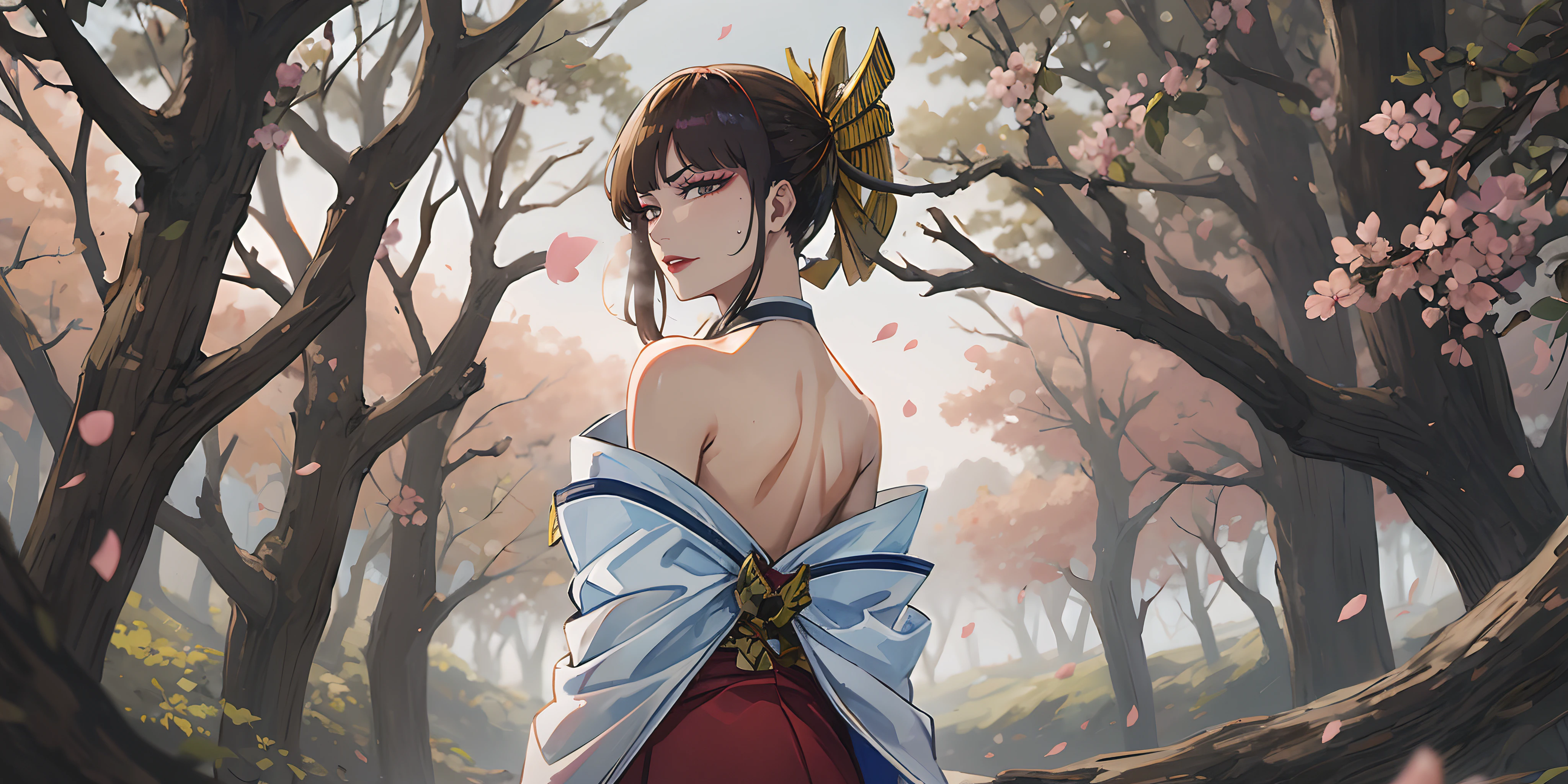 senjumaru shutara, (long hair, bangs, blunt bangs, black hair, sidelocks:1.5), (black eyes:1.5), makeup, lipstick, red lipstick, sweating, glowing eyes, heavy breathing, female focus, petals, 1girl, cherry_blossoms, tree, solo, choker, japanese_clothes, bare_shoulders, petals, looking_back, looking_at_viewer, breasts, outdoors, mole, tree_branch, lips, large_breasts, day, black_choker, kimono, from_behind, sky, ribbon_trim, back, wind, sash, hair_ornament, blush, ribbon-trimmed_sleeves, makeup, "long shot scenic professional photograph of {prompt}, perfect viewpoint, highly detailed, wide-angle lens, hyper realistic, with dramatic sky, polarizing filter, natural lighting, vivid colors, everything in sharp focus, HDR, UHD, K", anime coloring, anime screencap, sweating, steaming body, fog, hair ornament