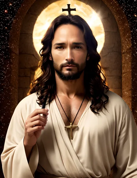 RODRIGO Santoro como Jesus Cristo, focar nos detalhes do rosto, semelhante ao Rodrigo Santoro, wearing long beige tunic of Jesus...