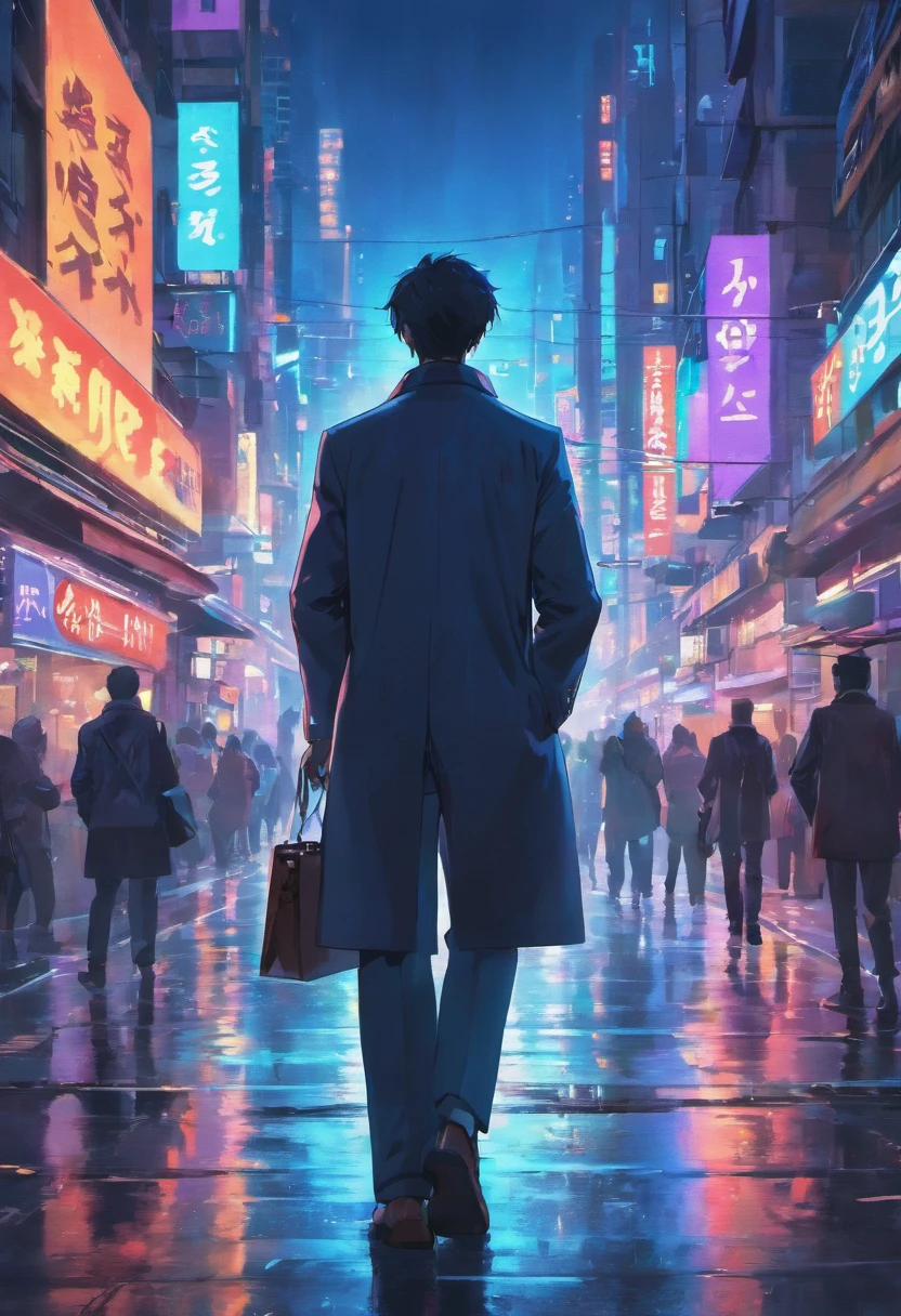 (best quality,4k,8k,highres,masterpiece:1.2),ultra-detailed,(realistic,photorealistic,photo-realistic:1.37),man walking in the middle of the city at night with vibrant city lights behind him, depth in field effect, capturing the sharp focus on the man, his figure illuminated by the surrounding neon signs, casting a dynamic and cinematic atmosphere. The cityscape portrays a bustling metropolis with skyscrapers towering above, showcasing a mix of modern architecture and colorful billboards advertising various products and services. The man is dressed in a sleek and stylish outfit, exuding confidence and sophistication, his hands casually tucked in his pockets as he strolls along the busy streets. His face is partially obscured by shadows, adding an air of mystery and intrigue. The scene is bathed in a cool color palette, with hints of blues and purples, giving a sense of the late-night atmosphere. The lighting is dramatic, with the neon lights casting vibrant glows and creating interesting reflections on the wet pavements after a recent rain. Overall, the artwork captures the energy and allure of a nocturnal urban environment, evoking a sense of adventure and possibility.