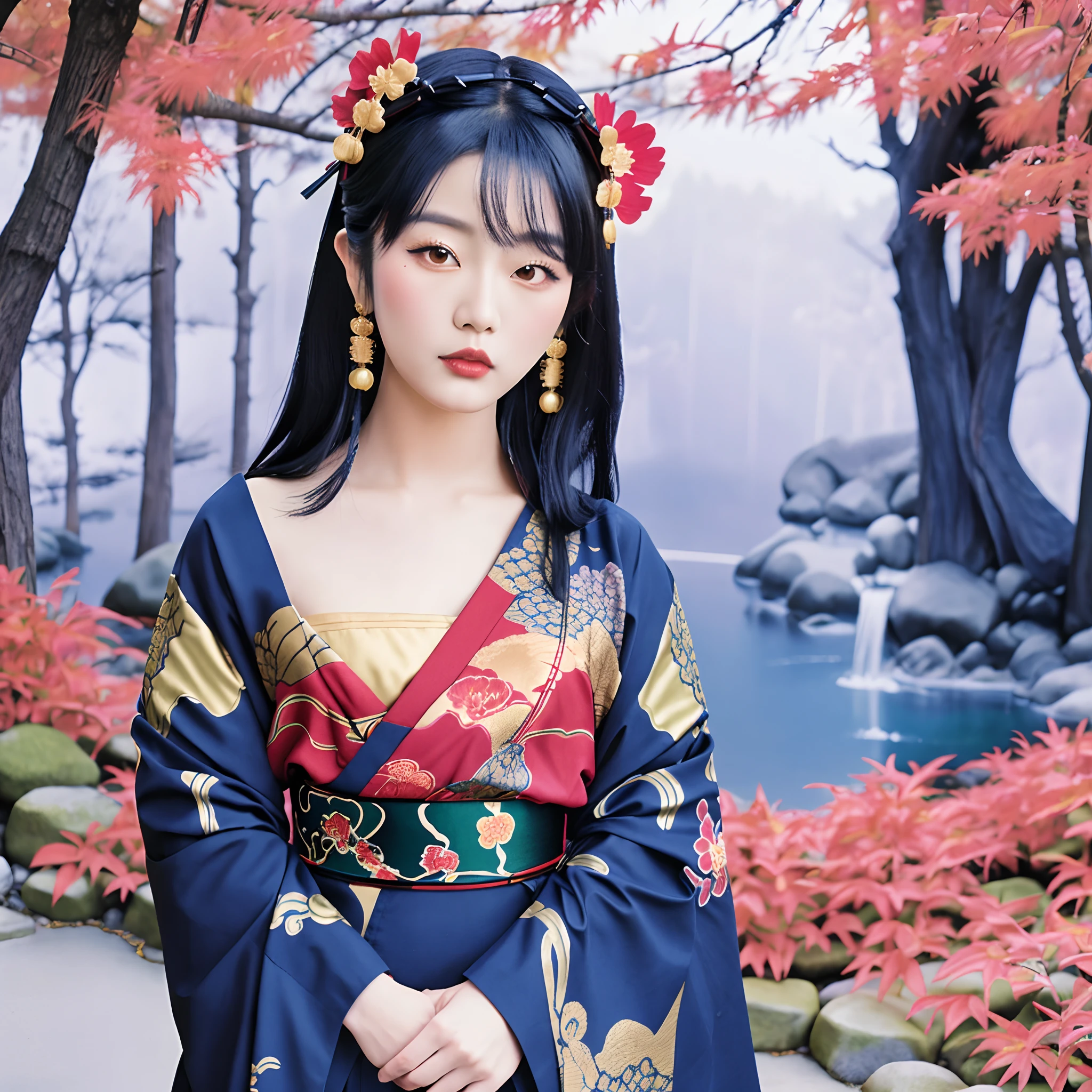 Descrição do Memento Mori Oriental: Em um jardim tradicional japonês velado por uma névoa misteriosa, uma garota oriental gótica, vestido com um quimono vibrante e colorido, fica ao lado de um lago sereno. O quimono dela, uma tapeçaria vívida de carmesim, Azul cobalto, e verde esmeralda, apresenta motivos de delicadas fênix e dragões ferozes, entrelaçando a beleza do Oriente com o fascínio sombrio do gótico. Um obi preto aperta sua cintura, adornado com intrincados bordados de ouro, enquanto seu cabelo preto como corvo é adornado com grampos dourados, em forma de peixe koi esquelético. Seu rosto é adornado com a tradicional maquiagem branca de gueixa, acentuando sua tez de porcelana, enquanto seus lábios são pintados com um tom de ameixa profundo. A cena exala uma fusão cativante do gótico e oriental, onde a beleza e a mortalidade se entrelaçam.