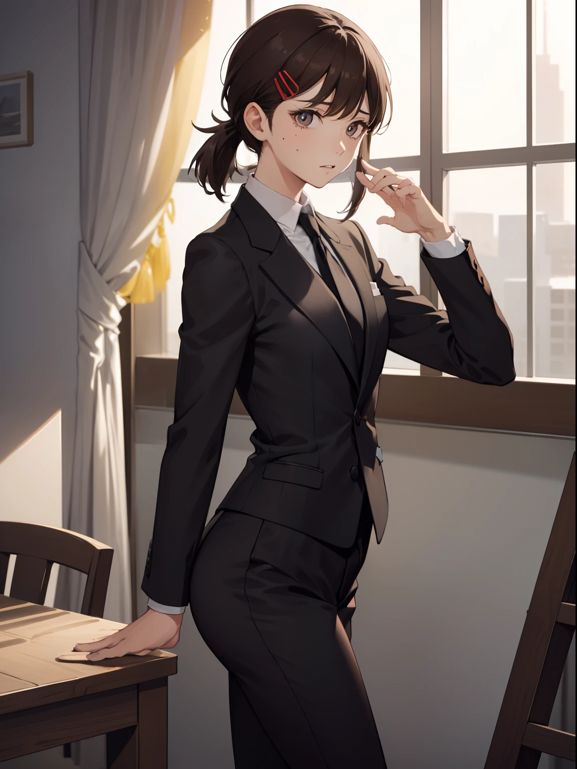 kobenihigashiyama, kobeni higashiyama, black hair, hair ornament, hairclip, mole, mole under eye, ponytail, short hair, (brown eyes:1.5), BREAK black necktie, black pants, business suit, black blazer, formal, long sleeves, necktie, pants, suit, BREAK looking at viewer, BREAK indoors, classroom, sitting on table legs spread, medium breast, medium boobs, shot from ass, ass shot, ass focus, medium ass cowboy shot BREAK (masterpiece:1.2), best quality, high resolution, unity 8k wallpaper, (illustration:0.8), (beautiful detailed eyes:1.6), extremely detailed face, perfect lighting, extremely detailed CG, (perfect hands, perfect anatomy),