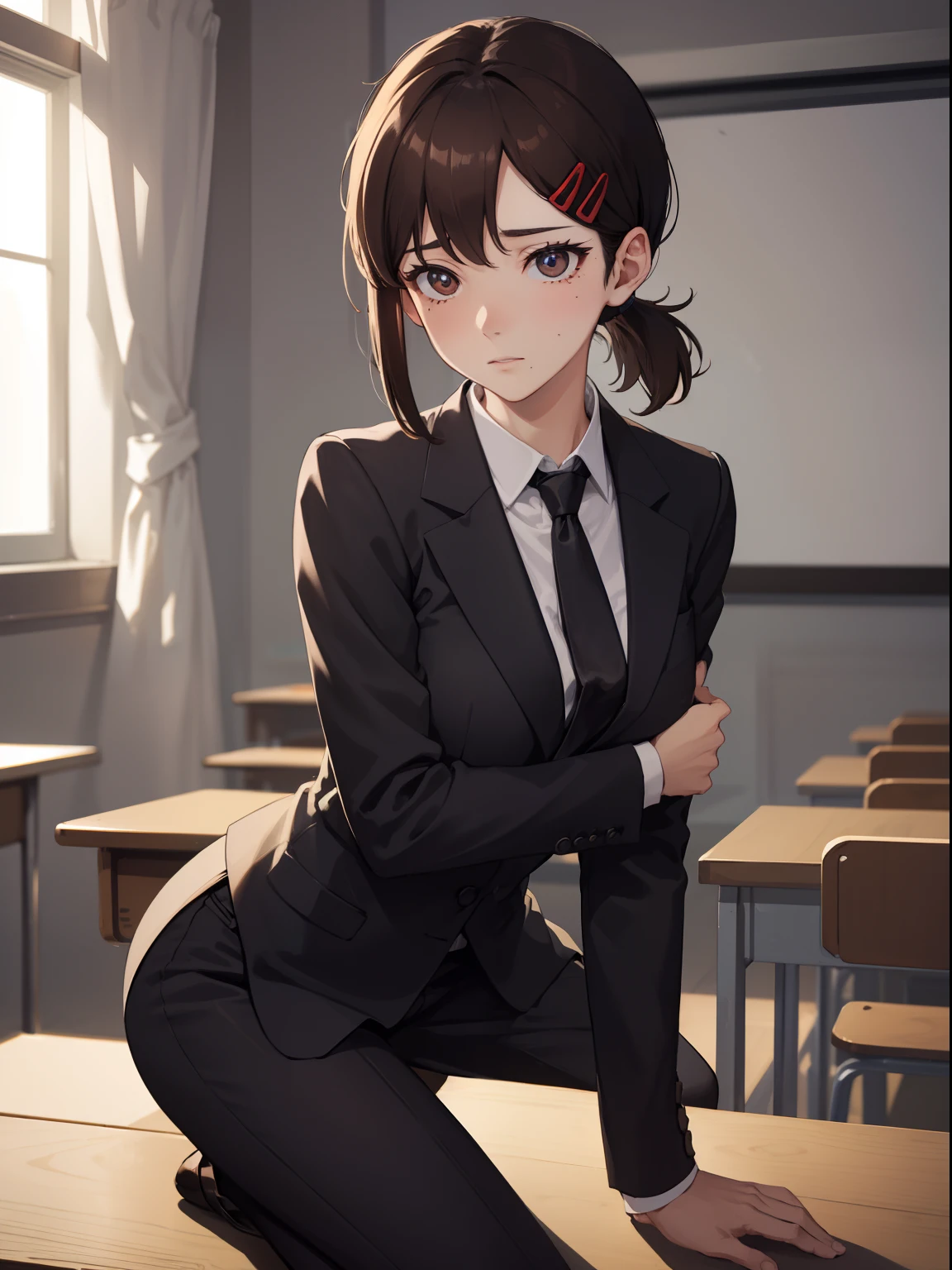 kobenihigashiyama, kobeni higashiyama, black hair, hair ornament, hairclip, mole, mole under eye, ponytail, short hair, (brown eyes:1.5), BREAK black necktie, black pants, business suit, black blazer, formal, long sleeves, necktie, pants, suit, BREAK looking at viewer, BREAK indoors, classroom, sitting on table legs spread, medium breast, medium boobs, shot from ass, ass shot, ass focus, medium ass cowboy shot BREAK (masterpiece:1.2), best quality, high resolution, unity 8k wallpaper, (illustration:0.8), (beautiful detailed eyes:1.6), extremely detailed face, perfect lighting, extremely detailed CG, (perfect hands, perfect anatomy),