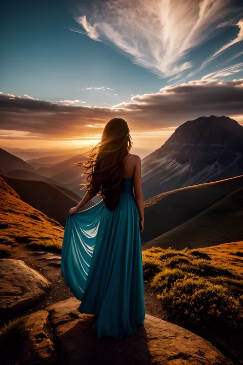 silhouette portrait of a woman, flowing hair, standing alone on a mountain, wearing a beautiful long flowing dress, watching the sunset, taken from behind, mystical magical fantasy enchanted ethereal, cinematic shot, cinematic scene, stunning, breathtaking...