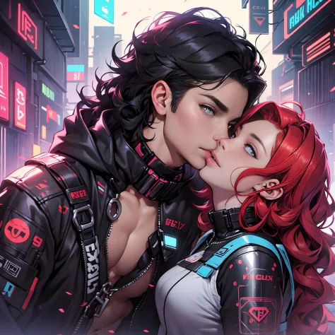 Cute redhead girl Kissing muscular men curly black Hair, Cyberpunk estile --auto --s2