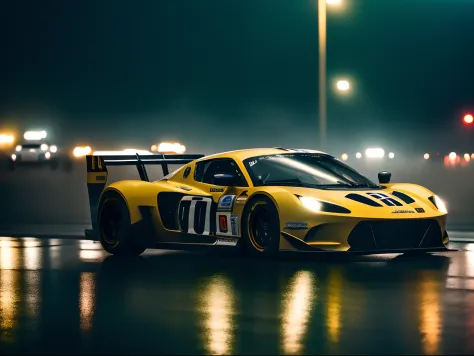 Cinematic shot of a sport car fast running in busy racing speedway, rain, angle, duotone, black, gold, cinestill 50d, style raw, cinematic lighting, movement, speed