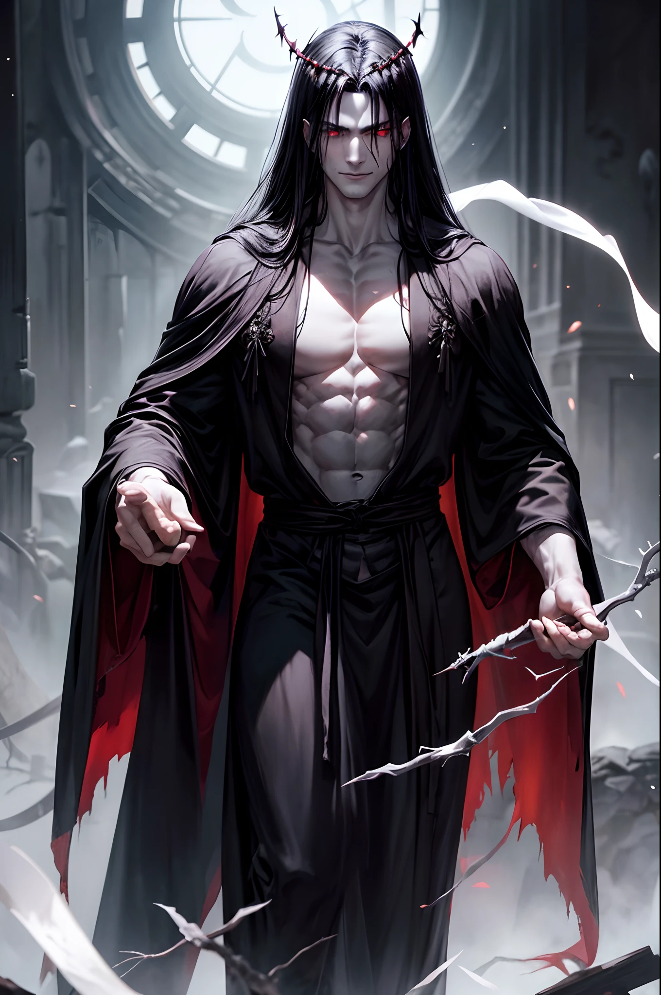 pale skin, long black hair, chiseled face, muscular, wearing a long black robe, ghostly, spiritual, red eyes, cocky smirk, manly, haunted, gothic, wearing a crown of thorns, large and muscular, staring at the camera, messy hair, smiling cockily