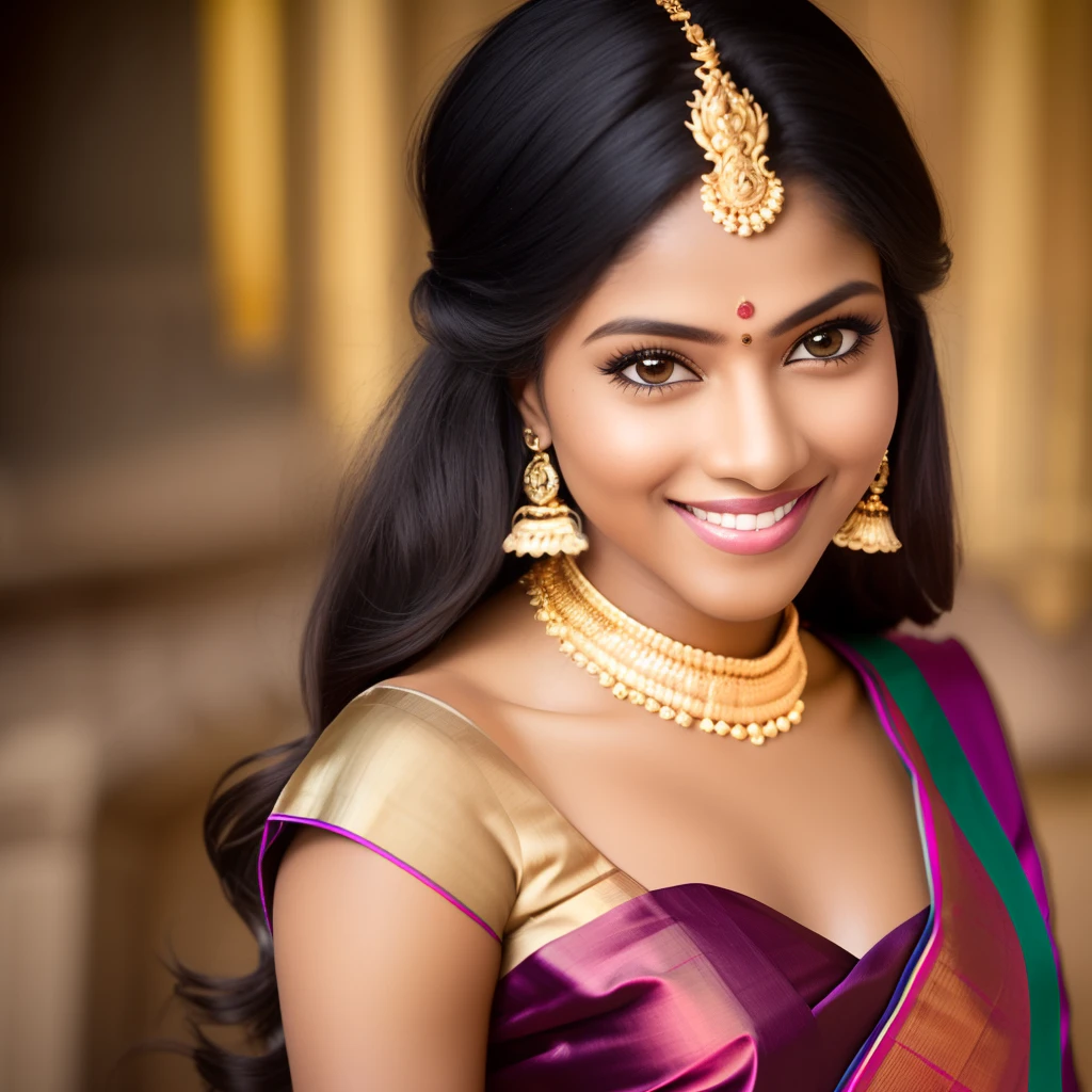 close-up RAW Portrait shot, photograph,woman, oval jaw, delicate features, beautiful face, long hair,dark hair, (big bun:0.7), long bangs, hairband, long ponytail, bright brown eyes, (royal gold silk sari:1.4), 25years old stunning beautiful woman, gigantic breasts,slim waist,wide hips,bubble butt,(((light smile:1.2))),(golden luxurious diadem with intricate details, gem:1.3), intricate details, skin texture, natural skin pores, dark dramatic studio lighting, cinematic shot,tan,(((ebony skin:1.1))), symetrical face, (((lascivious looking at viewer))), parted lips, full lips, smokey eyes, bun pillow, elaborate hairstyle, dark lips, standing inside a hindu temple mith intricate ornament,upper body shot --auto --s2