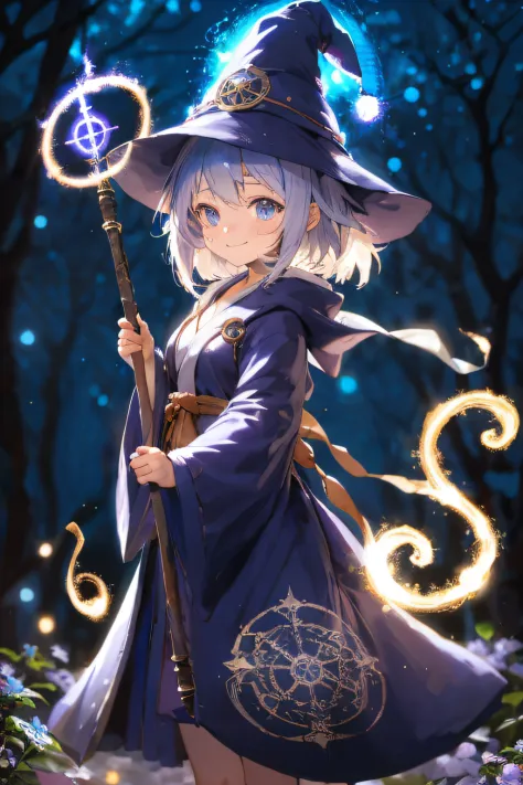 anime, cute girl, solo, wizard hat, robe, holding ancient staff, happy, magic circle, midnight, bloom, ambient occlusion, glowing lights, light particles,