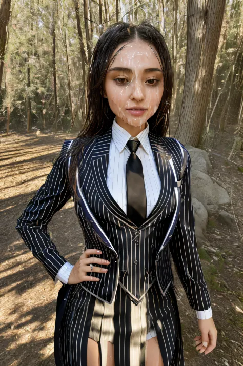 RAW photo, face portrait photo of a 25 years old shy japanese woman, cute face, (((pinstriped skirt suit))), (((three-piece suit))), (((necktie))), (((dress shirt))), (((blazer))), (((suit jacket))), (((waistcoat))), double-breasted waistcoat, (((bodycon m...