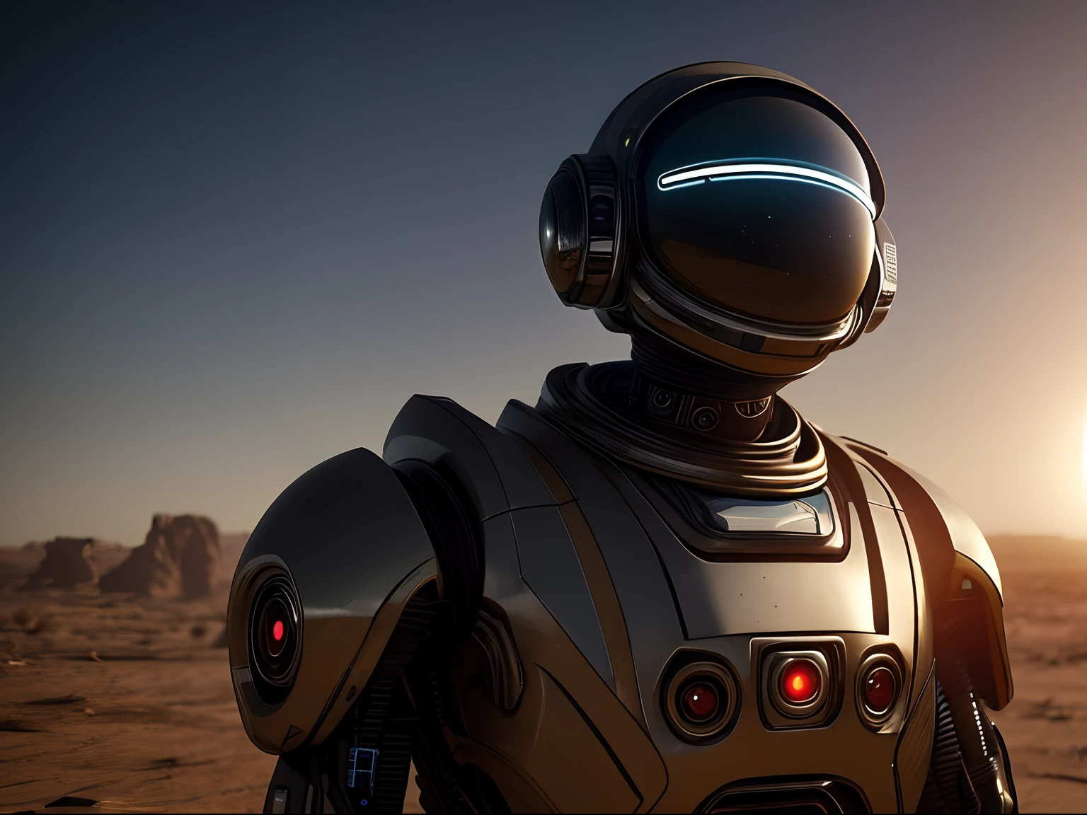 A close up of a robot standing in a desert with the sun setting - SeaArt AI