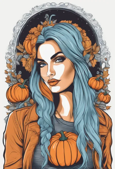 Vector t-shirt art ready to print Halloween pumpkin full body colorful doodle illustration, Cute, Light blue long hair、action SHOT, vivd colour, punk, high detailing, White background