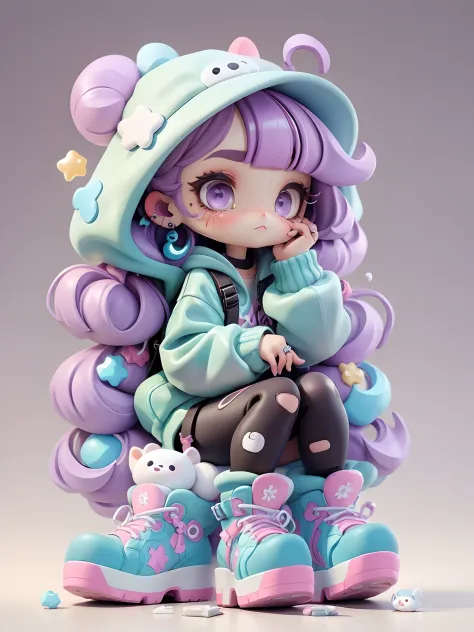 purple hair, side bangs, pink hair streaks, bubbly animalears, buns , medium lenght hair, white hat with X on middle, sitting, p...