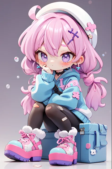 purple hair, side bangs, pink hair streaks, bubbly animalears, buns , medium lenght hair, white hat with X on middle, sitting, pensive, thinking girl, whiteish eyes, lilac eye, fullbody, chibi, fullbody art, wearing a sweat shirt with hoodie, hood sweater,...
