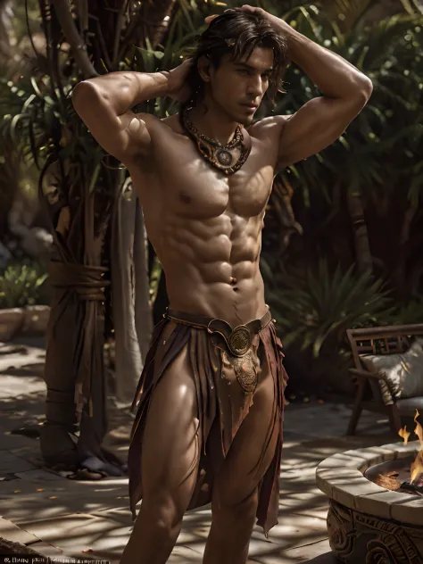 handsome 18 year old male belly dancer, slender build, dark wavy hair, holding a colorful chiffon with tassels, wearing a colorful g-string, wearing elaborate necklace, wide bracelet, wide anklet, belt of coins, wide decorative band around upper thigh, arm...